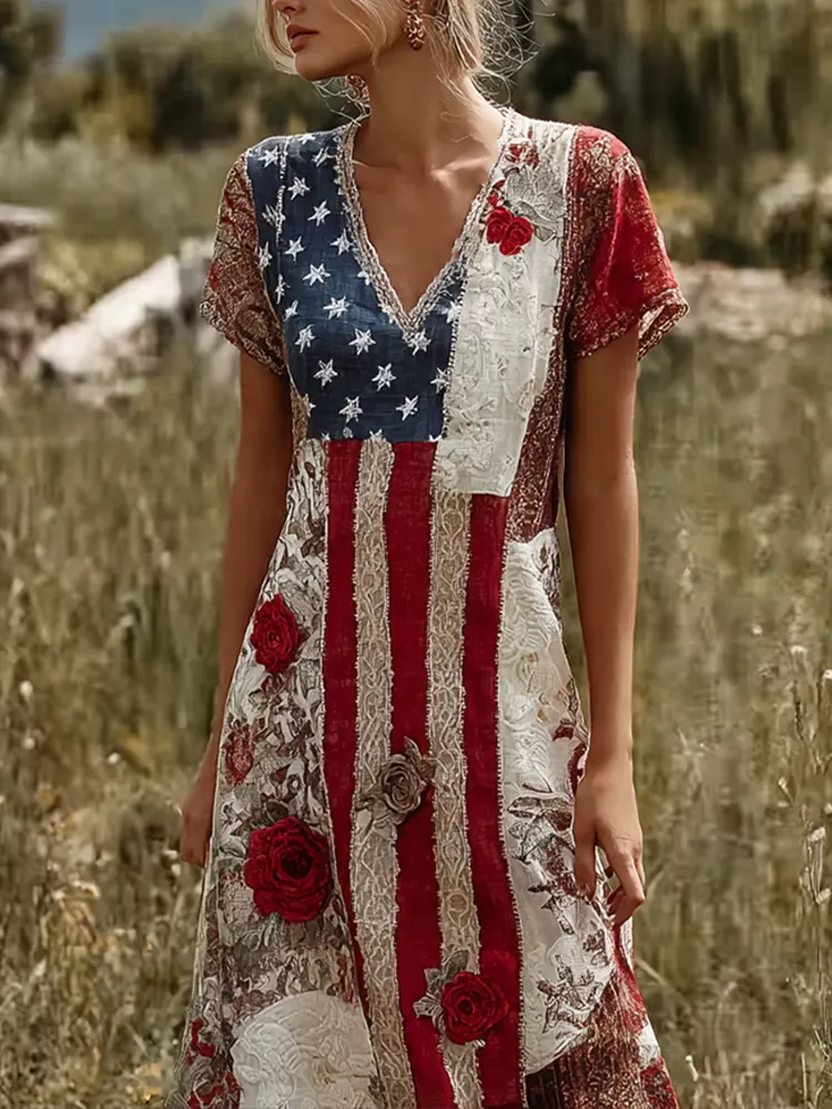 Women's Retro American Flag Element Plant Flower Embroidery Lace Patchwork Design Short-sleeve Dress