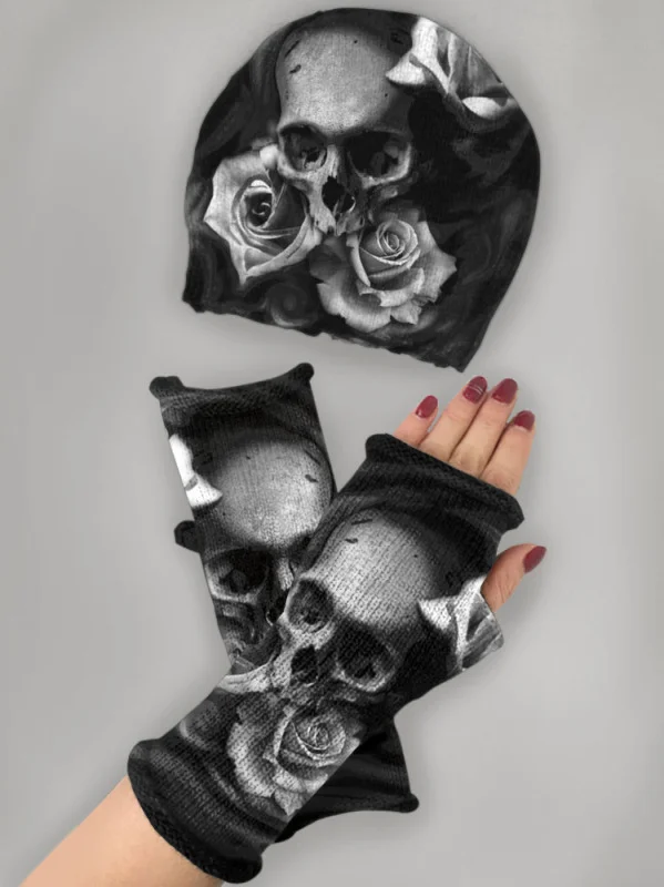 (Ship within 24 hours)Skull print knitted hat + fingerless gloves set