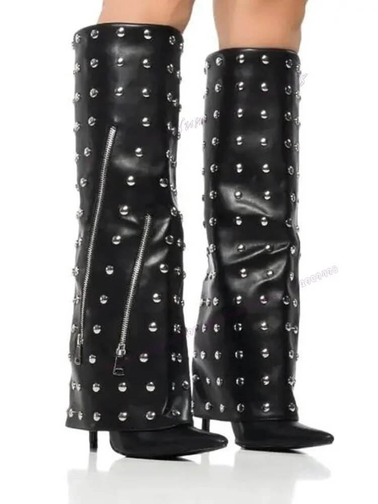 VCSHOES Black Rivet Zipper Decor Knee High Boots Pointed Toe Shoes For Women Thin High Heels Lady Shoes Zapatos Para Mujere