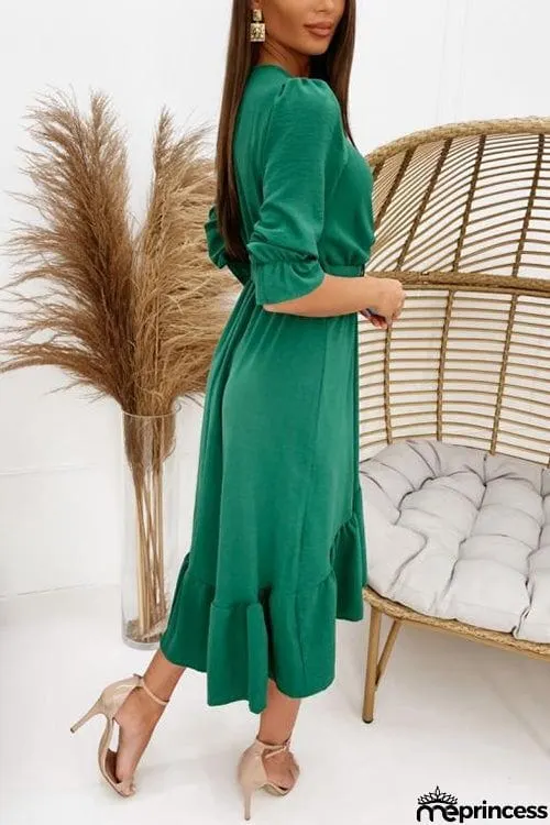 Ruffles V Neck Half Sleeve Dress