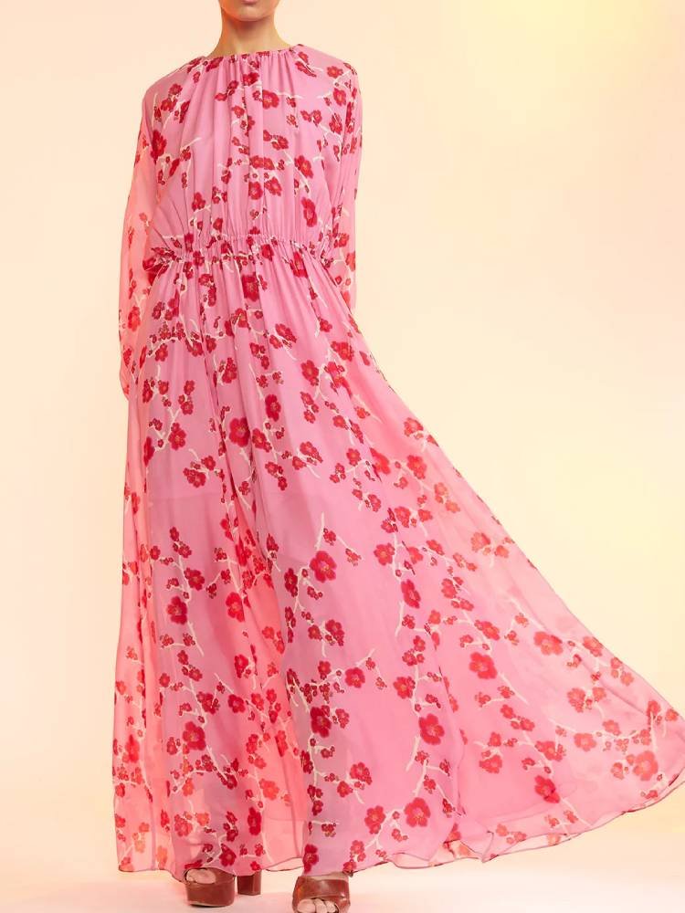 Printing Elastic Waist  Long Sleeve Maxi Dress
