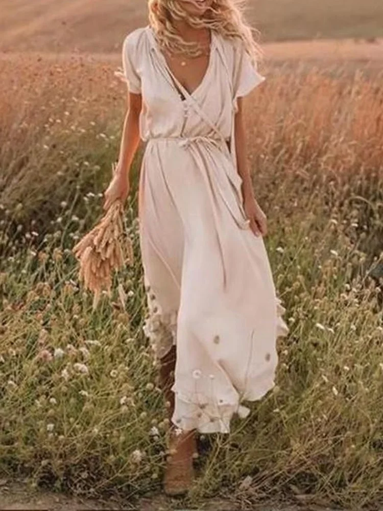 Women's Vintage Solid Color Lace-Up Flowy Maxi Dress