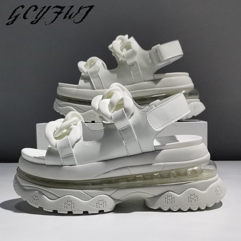 Genuine Leather Summer Women Sdandals Flat Platform Velcro Chain Ladies Shoes Thick Bottom Height Increasing Zapatillas Mujer