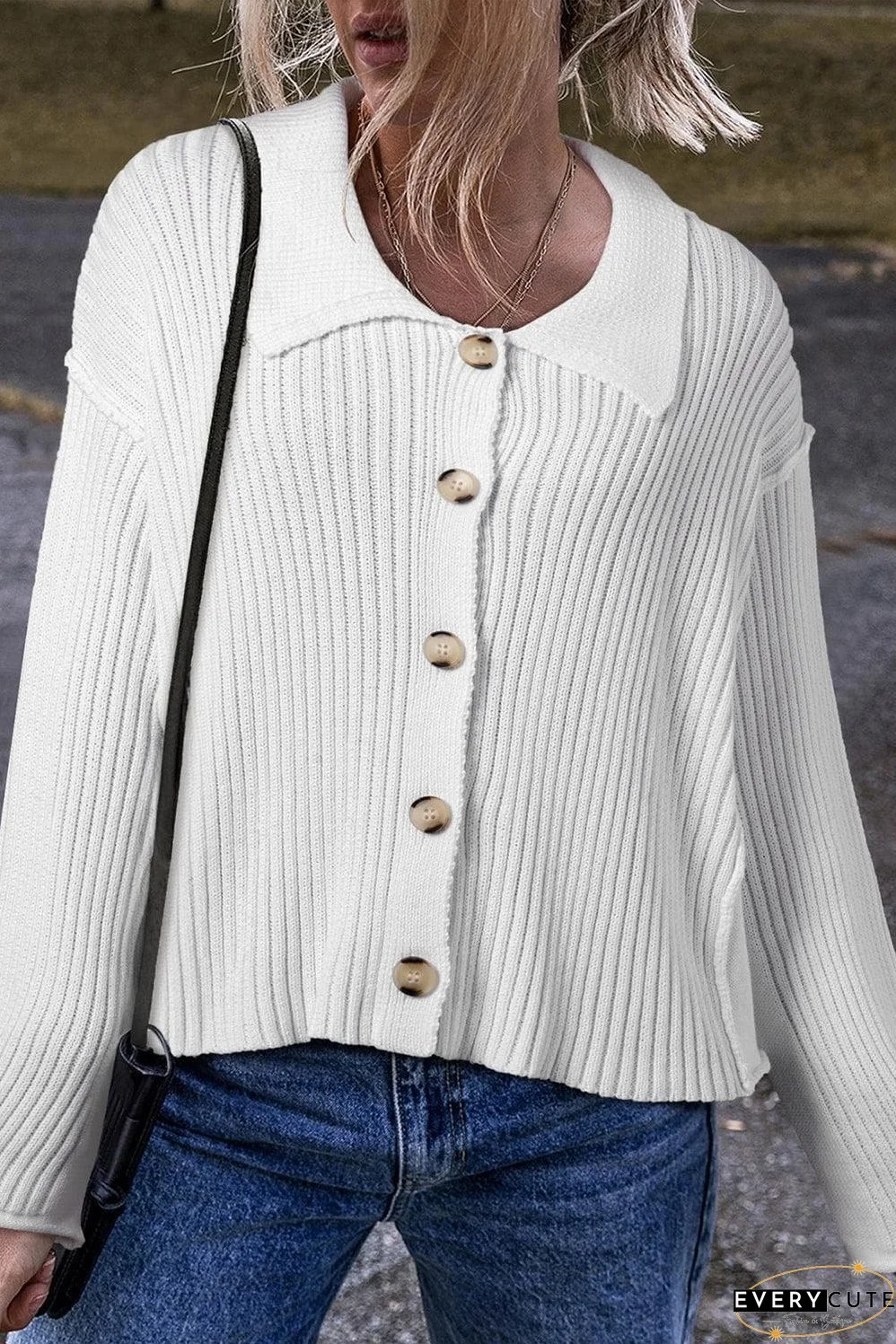 White Collared Button-up Loose Fit Casual Sweater
