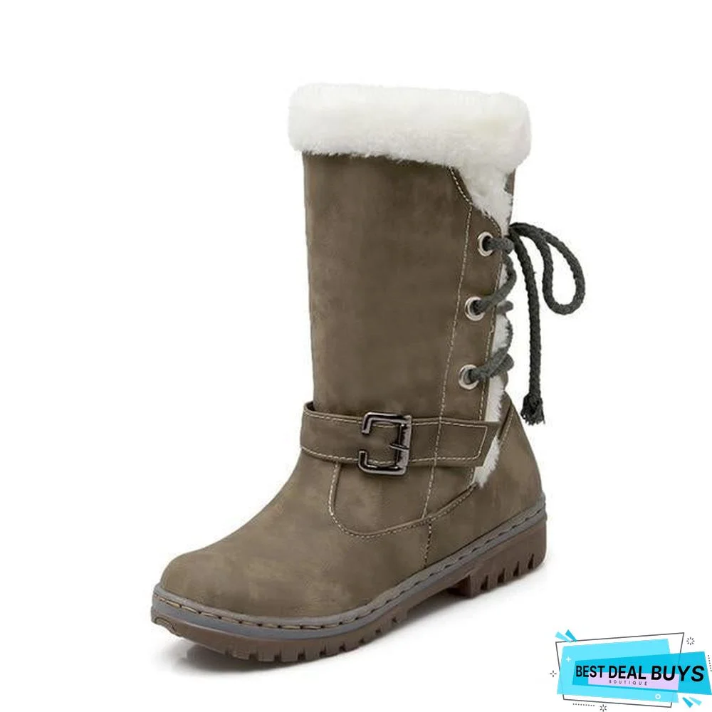 Women Leather Warm mid-calf Plush Fur Velvet Boots Booties Snow Shoes
