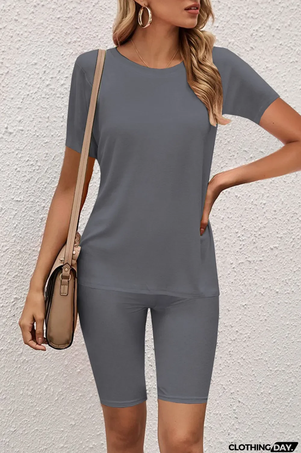 Black Casual Solid O Neck Short Sleeve Two Pieces