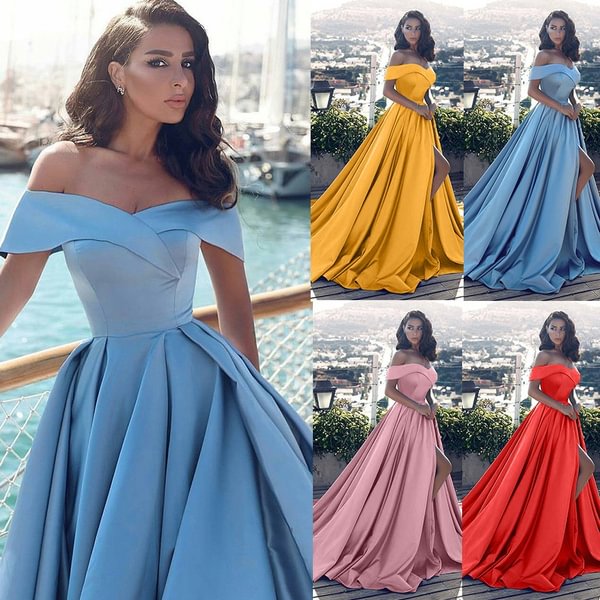 Women's Fashion A Line Off The Shoulder Prom Dresses Satin with Slit Ladies Sexy Dress Maxi Dress Evening Party Dress Wedding Dresses Plus Size Long Dress - Shop Trendy Women's Fashion | TeeYours