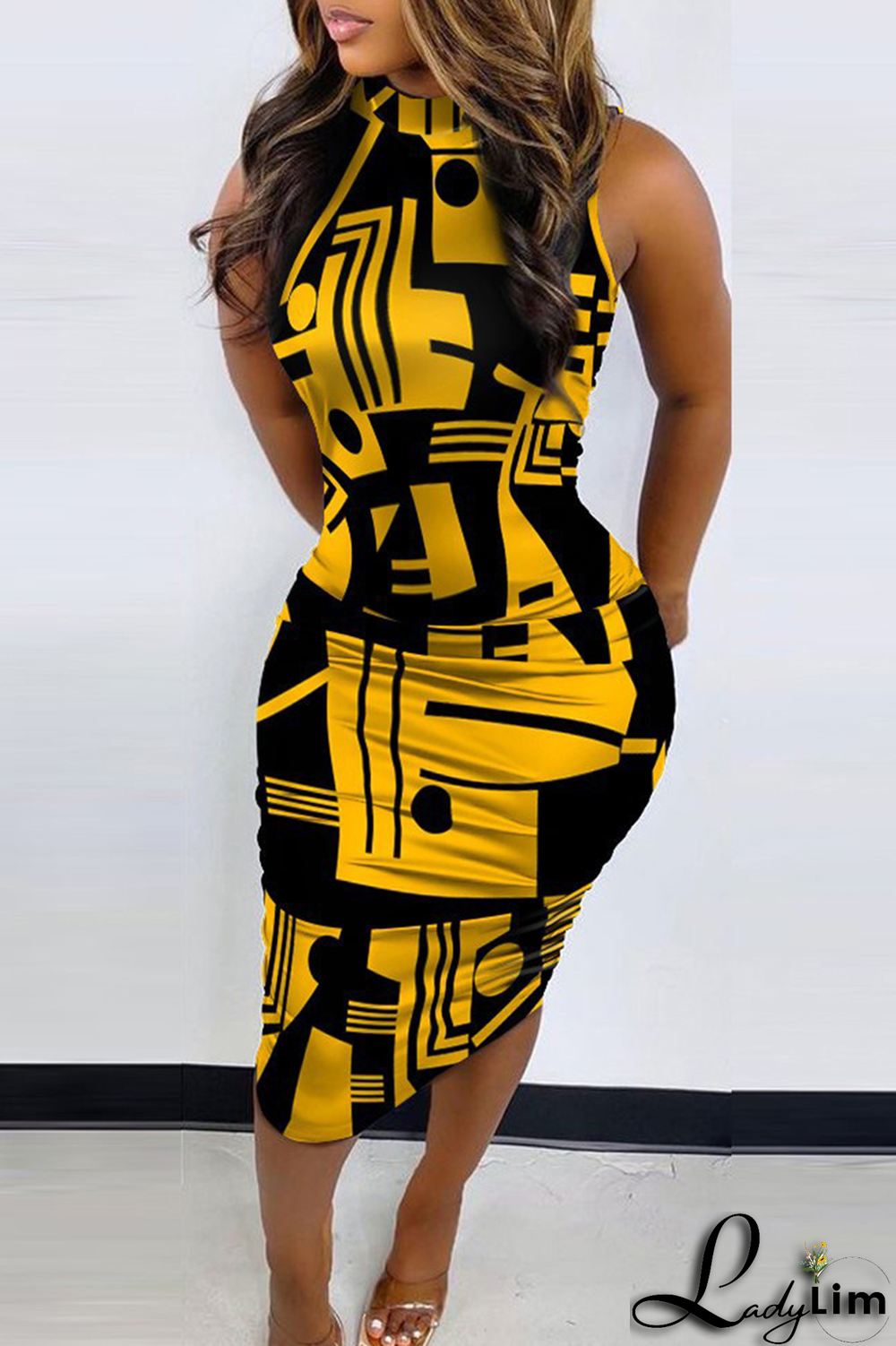 Yellow Casual Print Split Joint Half A Turtleneck Pencil Skirt Dresses