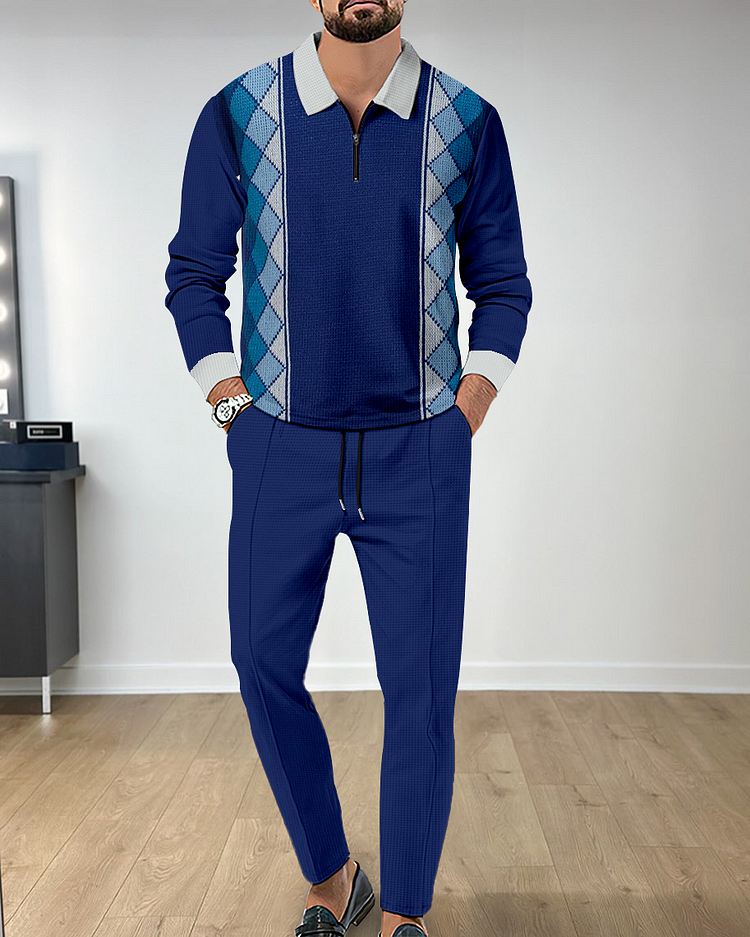Men's Casual Colorblock Personalized Long Sleeve Polo Shirt Set 130