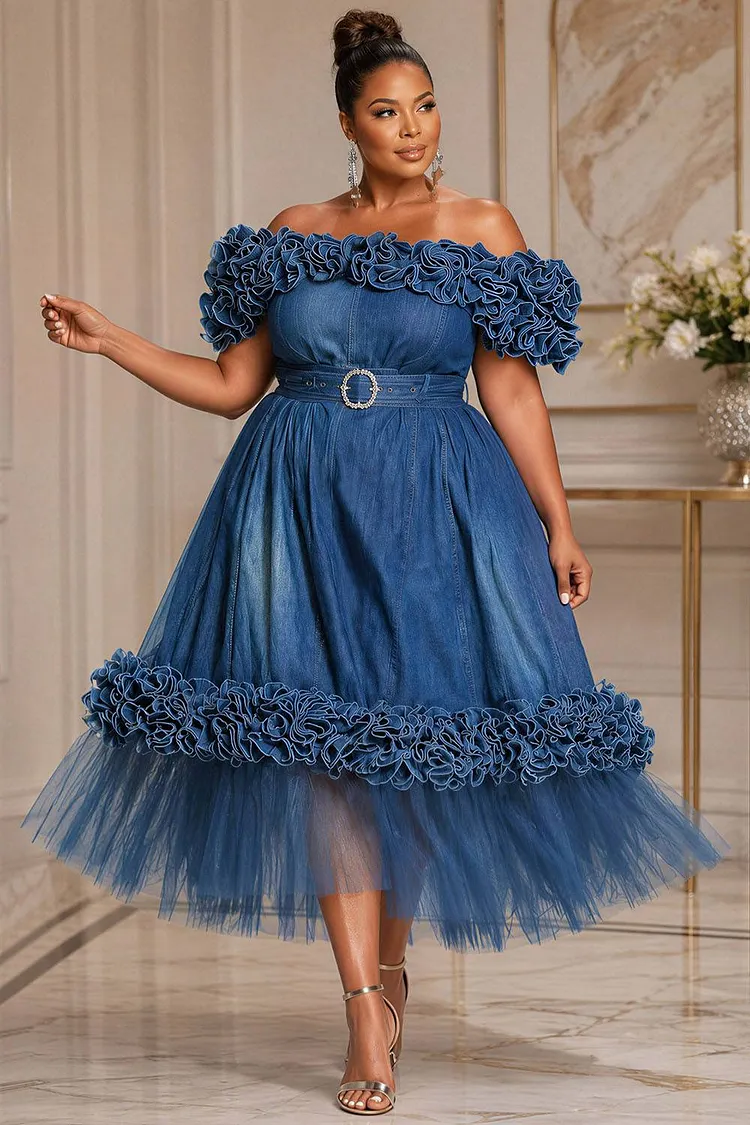 Xpluswear Design Plus Size Party Elegant Tulle Blue Off The Shoulder Ruffle Contrast Denim Midi Dresses [Pre-Order] 2024 - Xpluswear