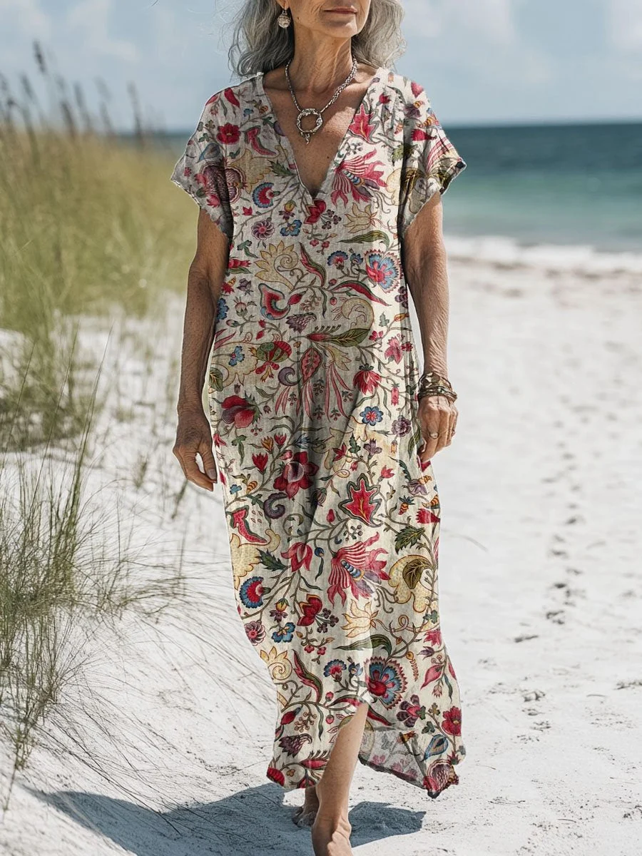 Women's Vintage Lovely Floral Art Print Pocket Cotton Dress