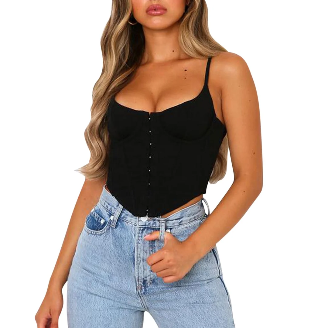 Sexy Spaghetti Strap Corset Camisoles Women Sling Crop Top Bustier Low Cut Backless Vest Lady Slim Fit Camis Solid Color
