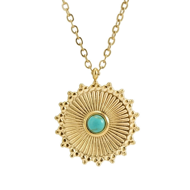 Retro Round 304 Stainless Steel Turquoise 18K Gold Plated Inlay Stainless Steel Necklaces