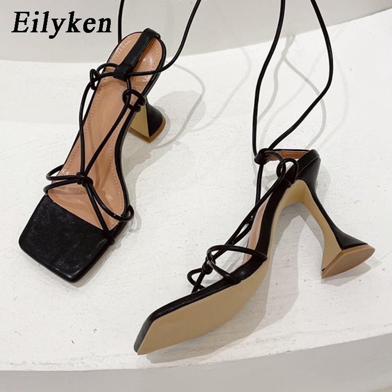 Eilyken 2022 New Design Yellow Ankle Strap Sandals Women Square heel Party Lace-Up Summer Strange Style Sandal Shoes