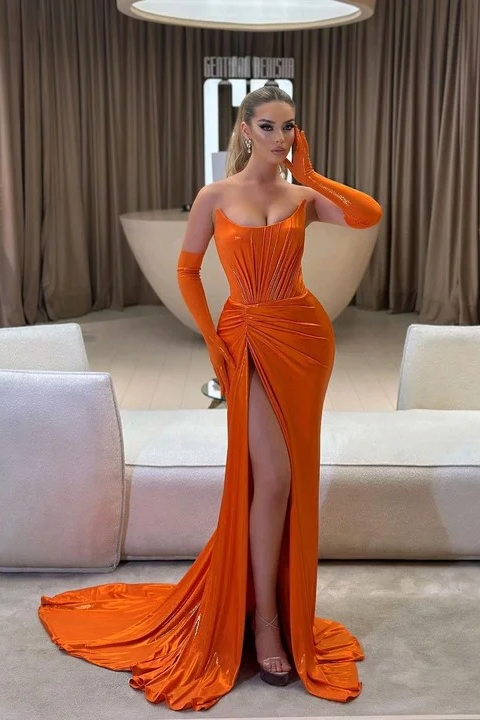 Daisda Chic Orange Strapless Sleeveless Long Pleated Mermaid Split Prom Dress with Gloves
