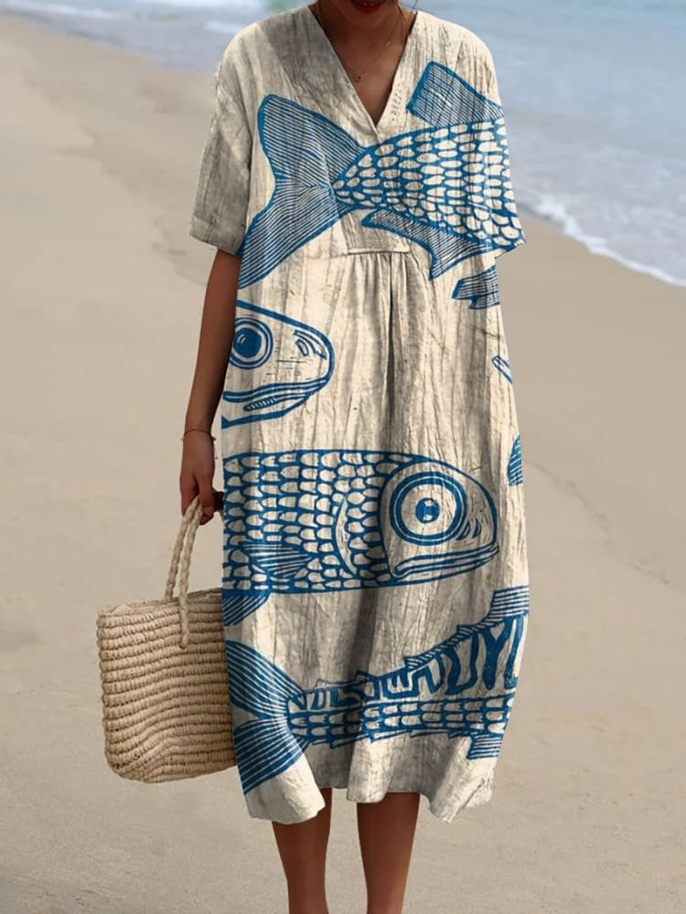 Comstylish Women's Vintage Fish Art Print Flowy Dress