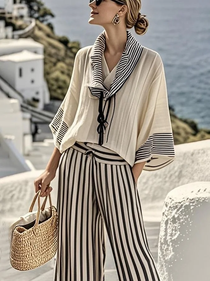Women'S Loose Striped Scarf Holiday Shorts Set 