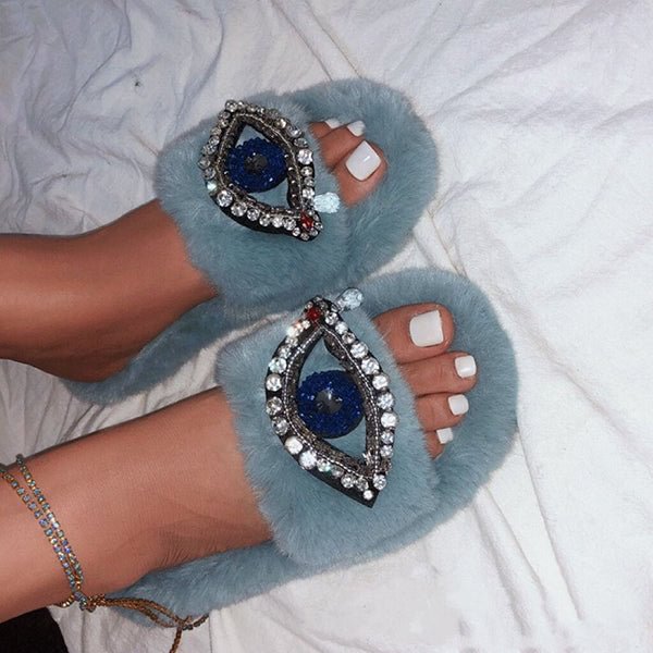 Susiecloths Rhinestone Eye Decor Faux Fur Comfort Slippers