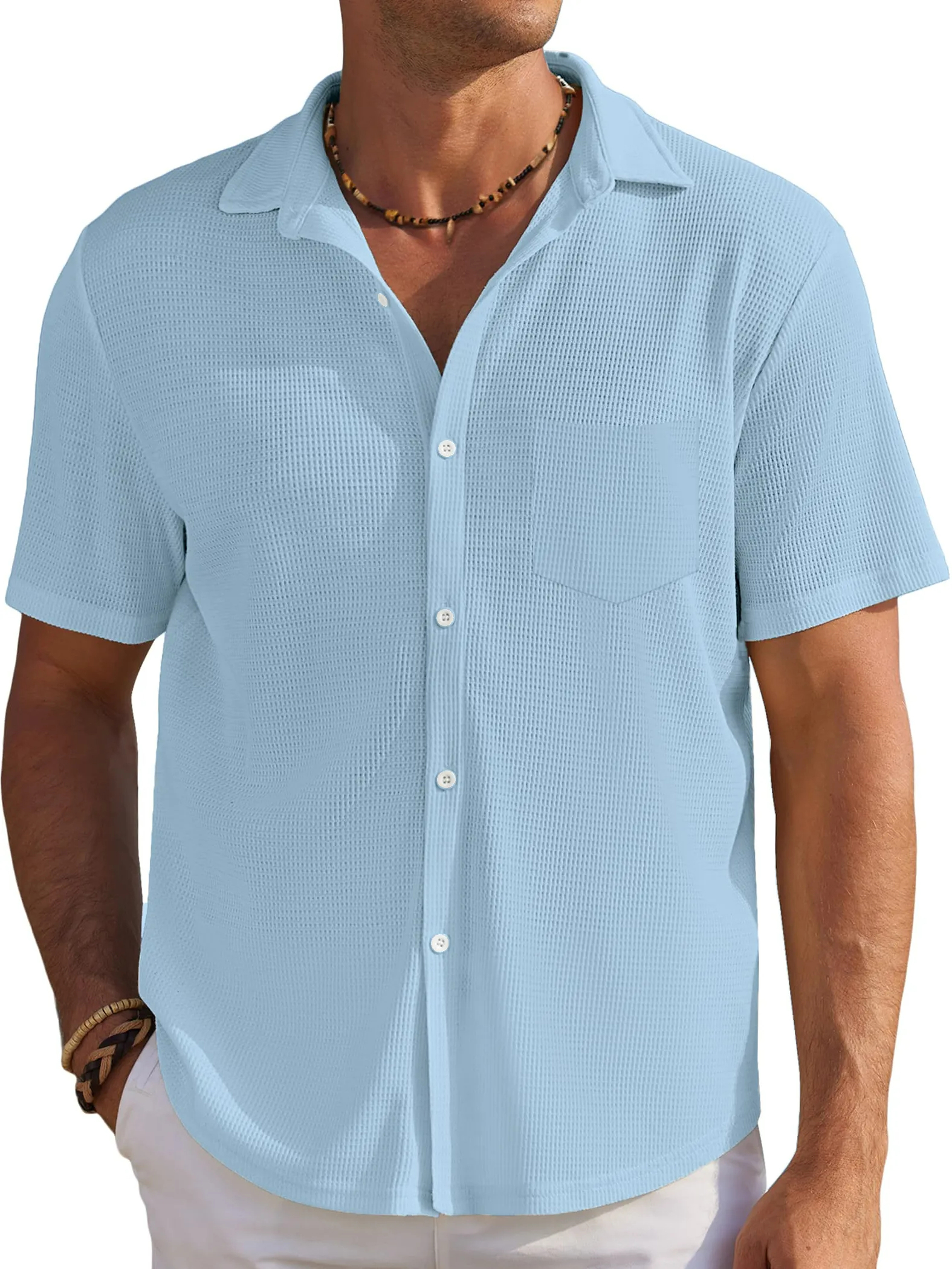 Men's Solid Color Comfortable Waffle Simple Daily Short Sleeve Shirt PLUSCLOTHESMAN