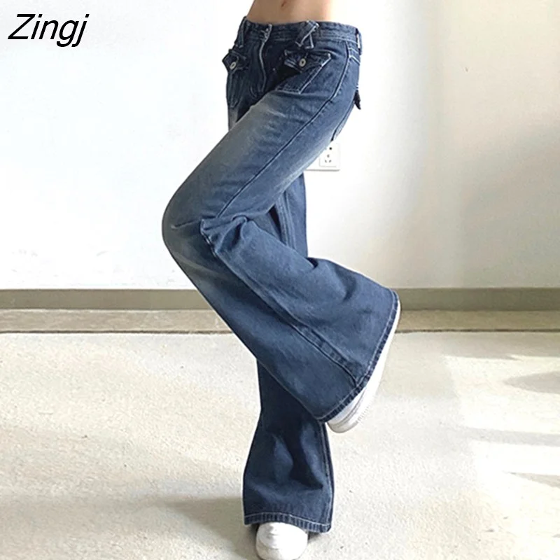 Zingj Waist Denim Jeans women Vintage Cute Chic Straight Pants wide leg jwans woman Streetwear Harajuku Grunge Clothes Trousers