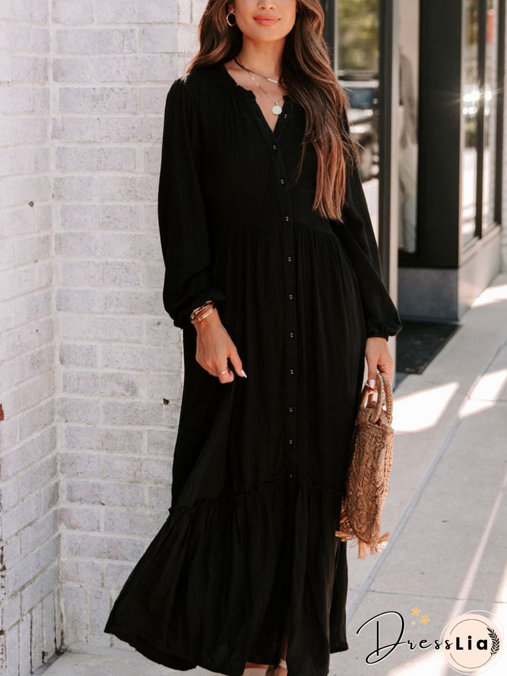 Casual Long Sleeve V Neck Printed Dress