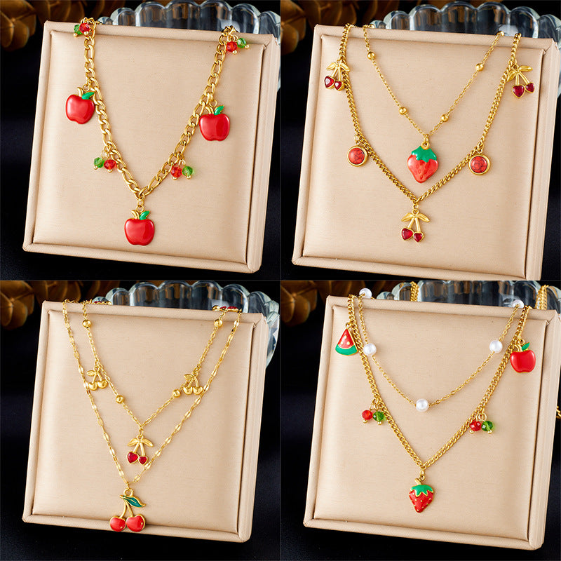 Fashion Cartoon Fruit Series Three-Dimensional Design Red Oil Drop Strawberry Cherry Apple Pendant Necklace