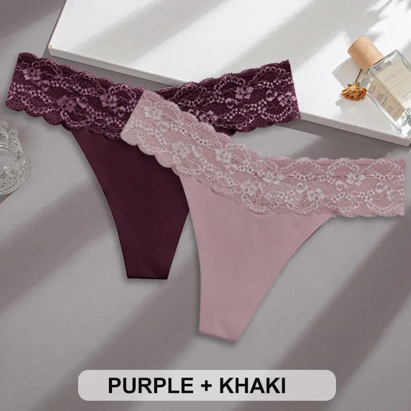 2PCS/Set Lace Panties Sexy Underwear Thong Women Panties G-String Panties Briefs Lingerie Floral V Waist Design Female Underpant