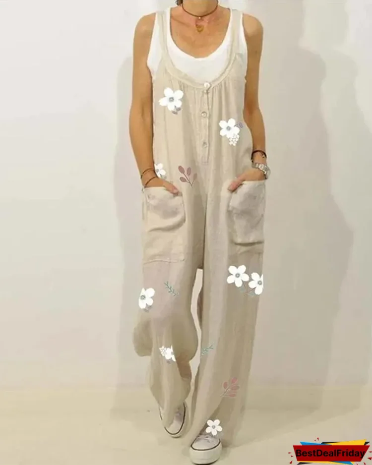 button floral print straps loose casual jumpsuit for women p321204