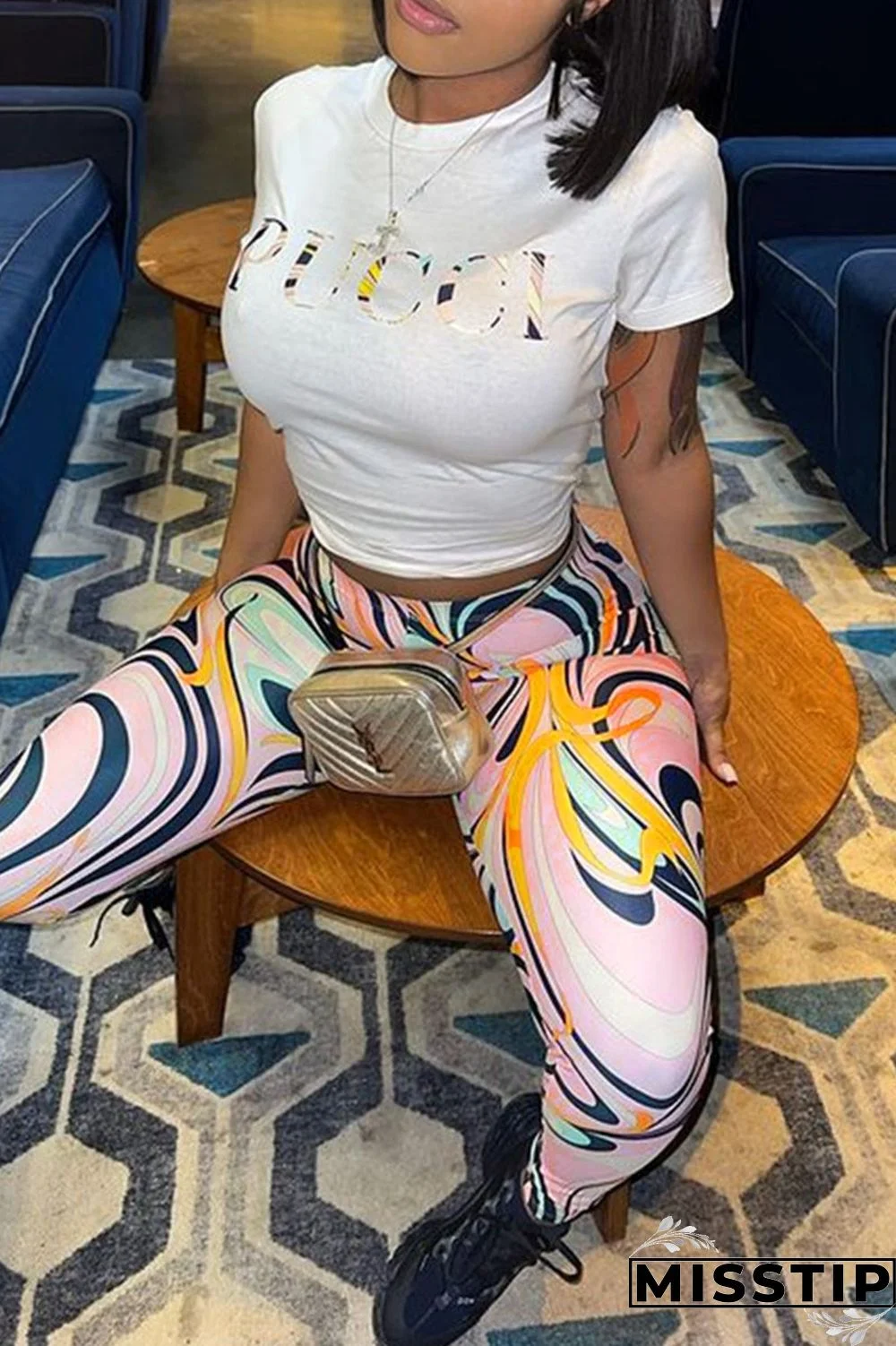 Pink Fashion Casual Print Patchwork O Neck Short Sleeve Two Pieces