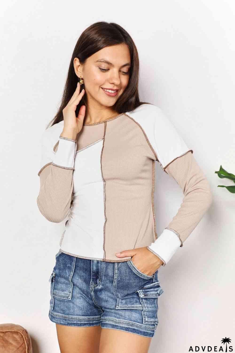 Double Take Color Block Exposed Seam Top