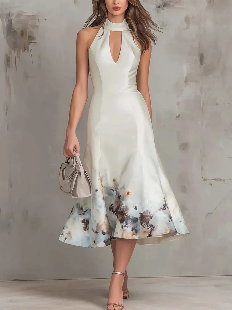 Vintage oil painting style keyhole collar satin midi dress