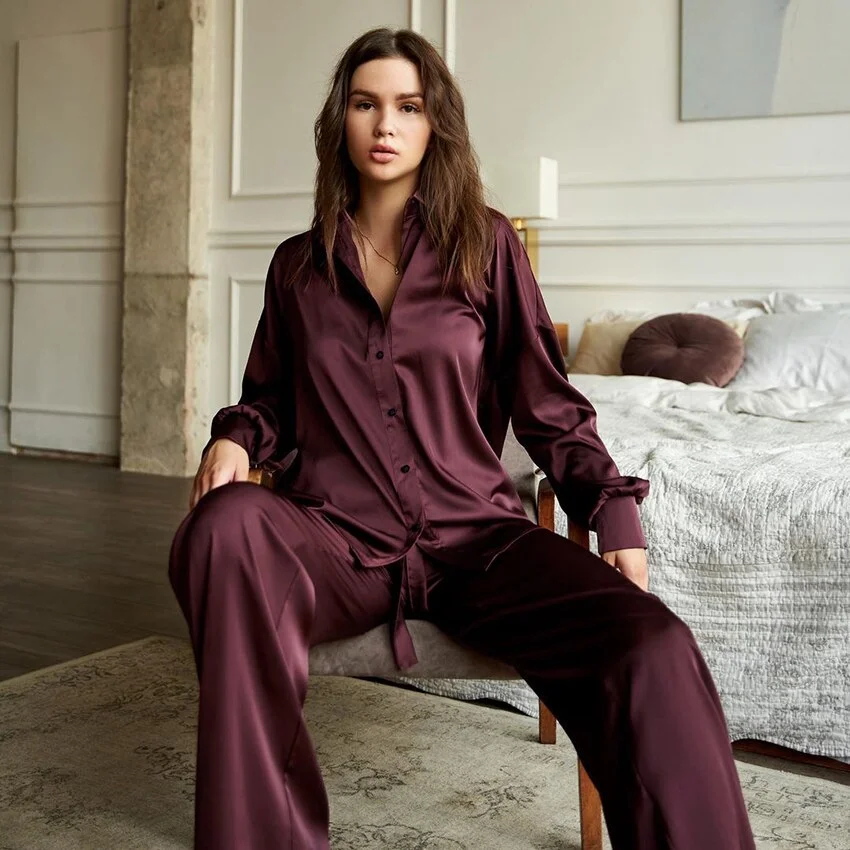 Graduation Gifts Dark Brown Pajamas For Women Sleepwear Single Breasted Autumn Pajama Nightgown Trouser Suits Set Woman 2 Pieces Loungewear