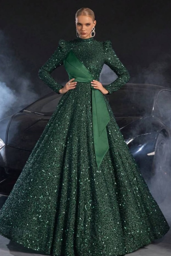 Sequins Dark Green Long Sleeves High-Neck Evening Dress | ZT0351