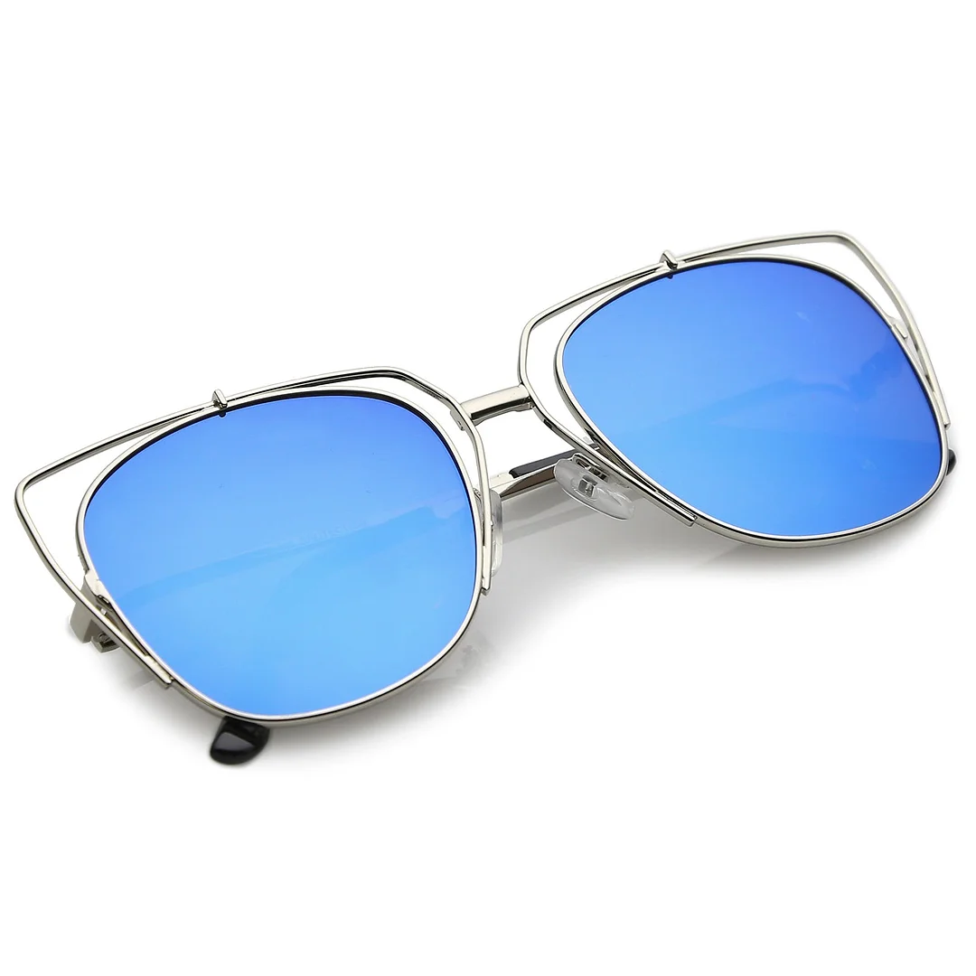Women's Open Metal Cat Eye glasses With Mirrored Flat Lens And Slim Arms 55mm