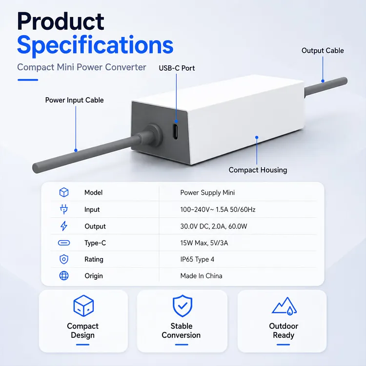 Teslasy Starlink Mini Replacement Power Supply 60W, 30V/2A with 15W USB-C Output