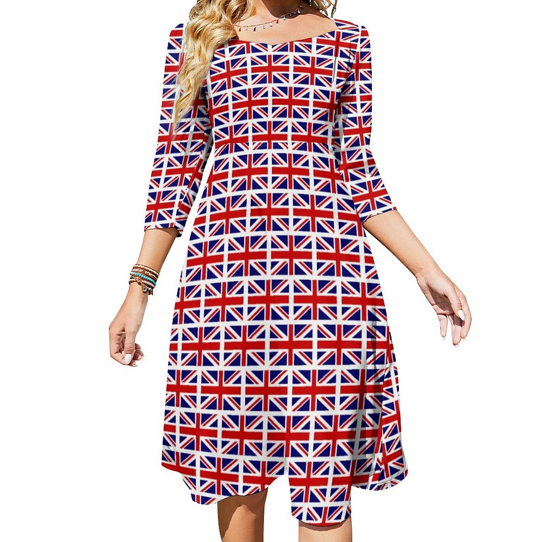 British Union Jack Uk Flag Pattern Yoga Or Workout Dress Sweetheart Tie Back Flared 3/4 Sleeve Midi Dresses
