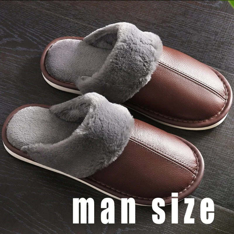Men's Slippers Winter Genuine Leather Slippers for Men Warm Plush Slippers Large Size 45-46 Home Slippers Comfy House Shoes