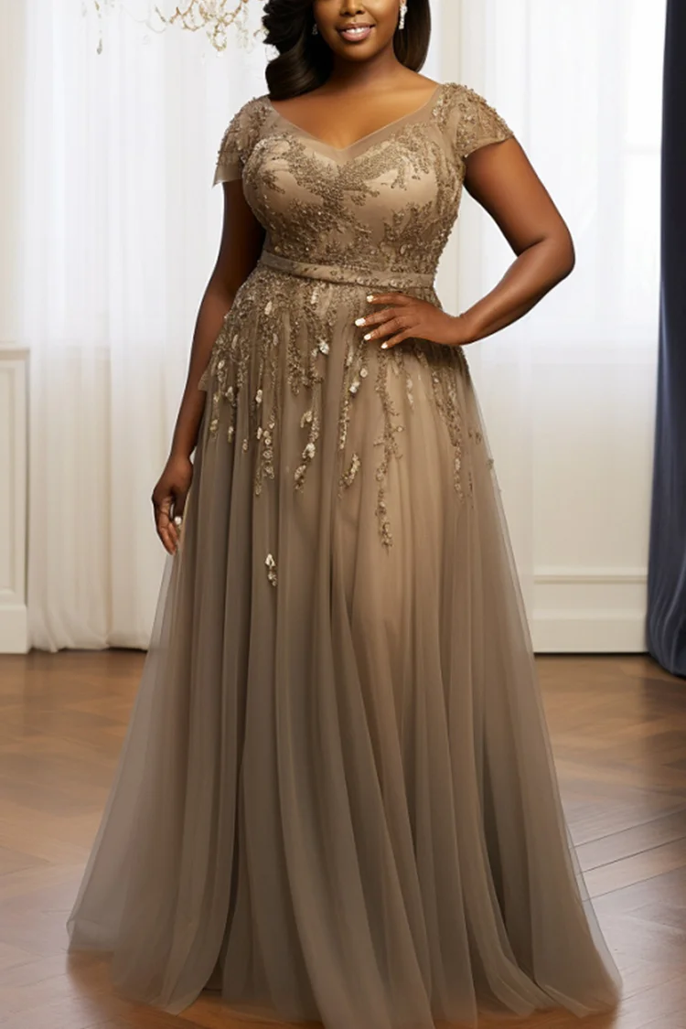 Xpluswear Design Plus Size Formal Grey V Neck Short Sleeve Embroidery Tulle Maxi Dresses [Pre-Order]