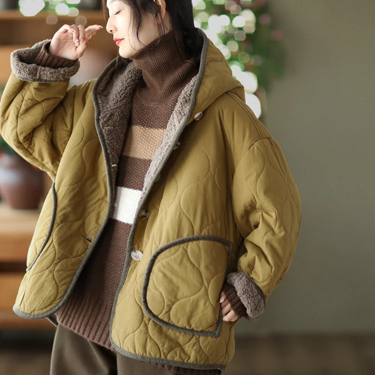 Hooded Thickened Diamond Sherpa Wool Thermal Jacket