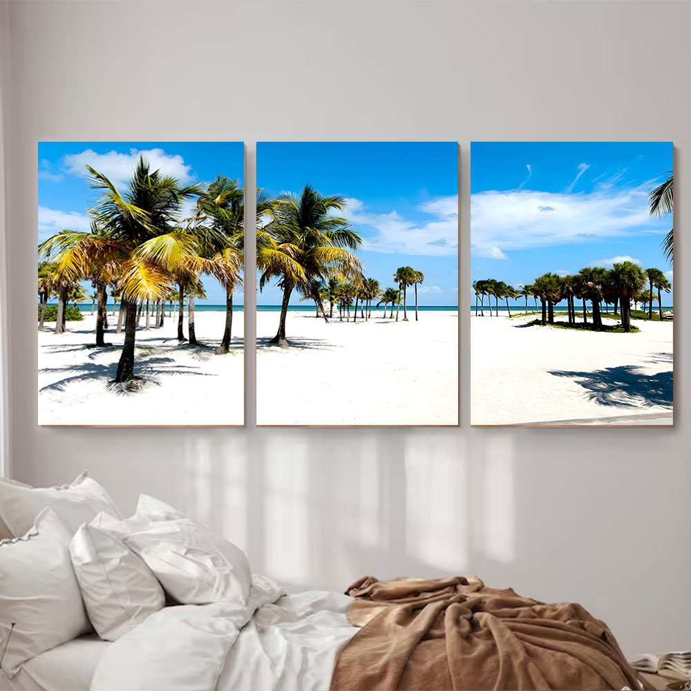 3-Piece Set White Sand Beach with Palm Trees Canvas Art