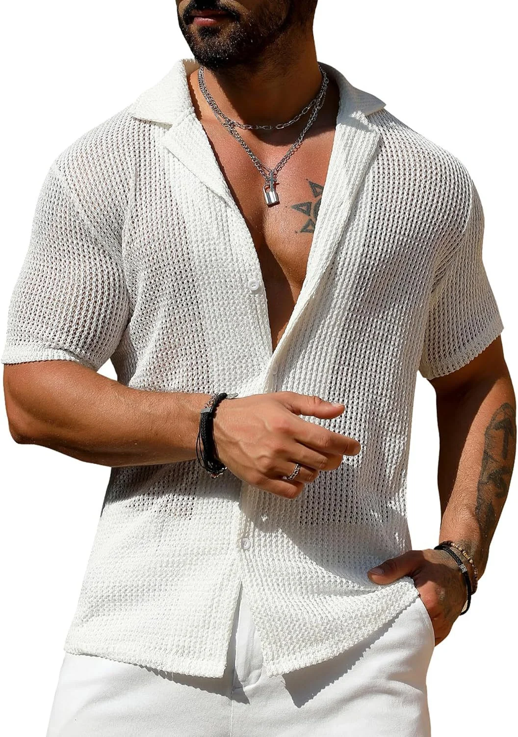 Mongw Mongw Men's Summer Cool Shirt Men's Casual Knit Hollow Out Breathable Short Sleeved Lapel Fashion Men's Wear