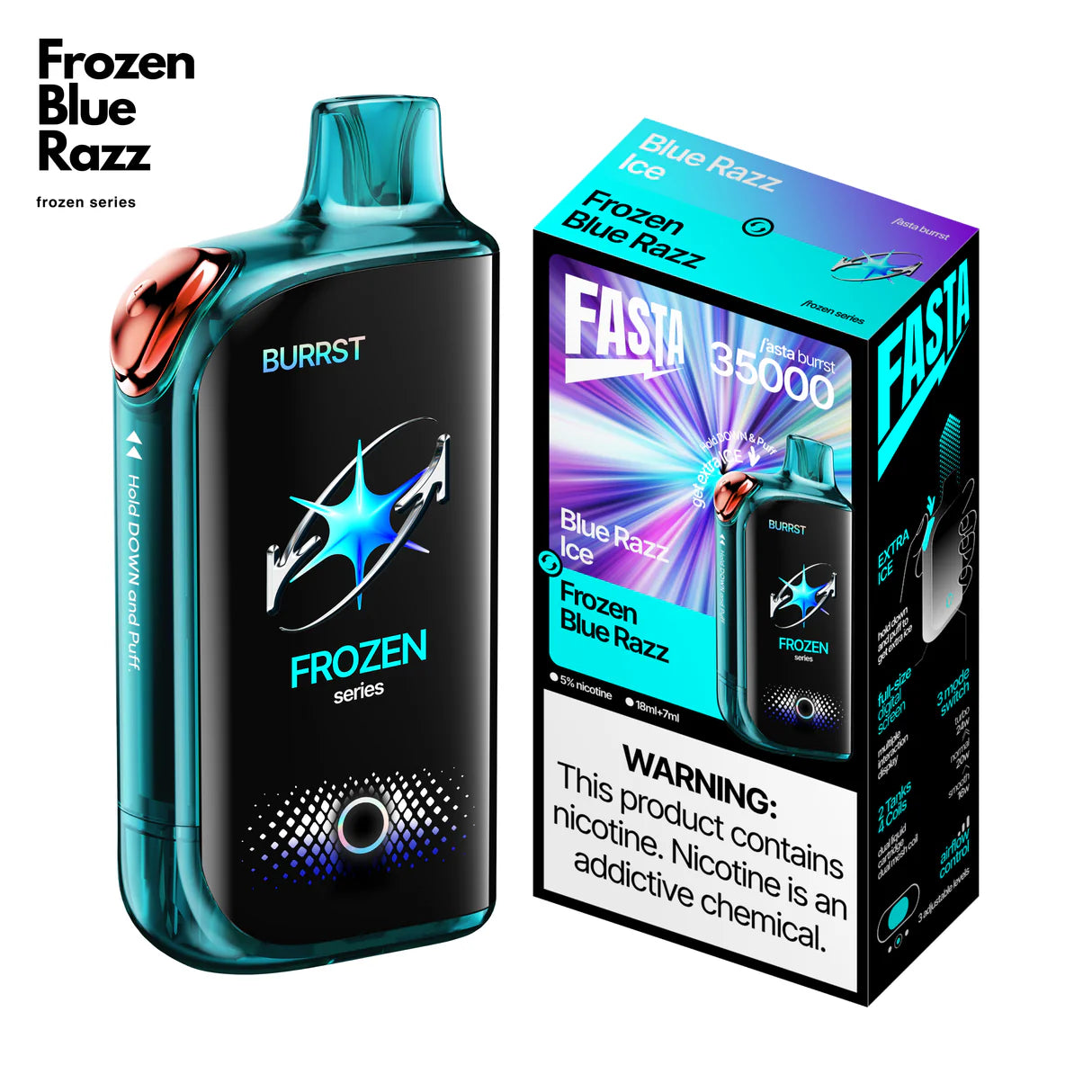 FASTA Burrst 35000 disposable vape in Frozen Blue Razz flavor and its packaging, showcasing product appearance.