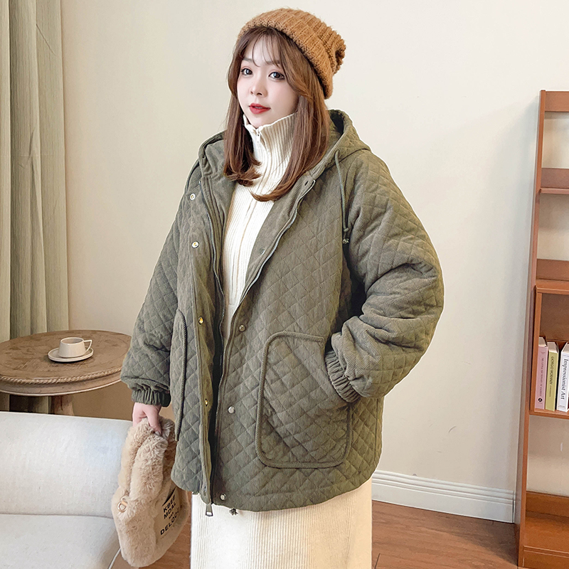 Cozy Corduroy Quilted Winter Jacket - Chic Plus-Size Hooded Puffer Coat