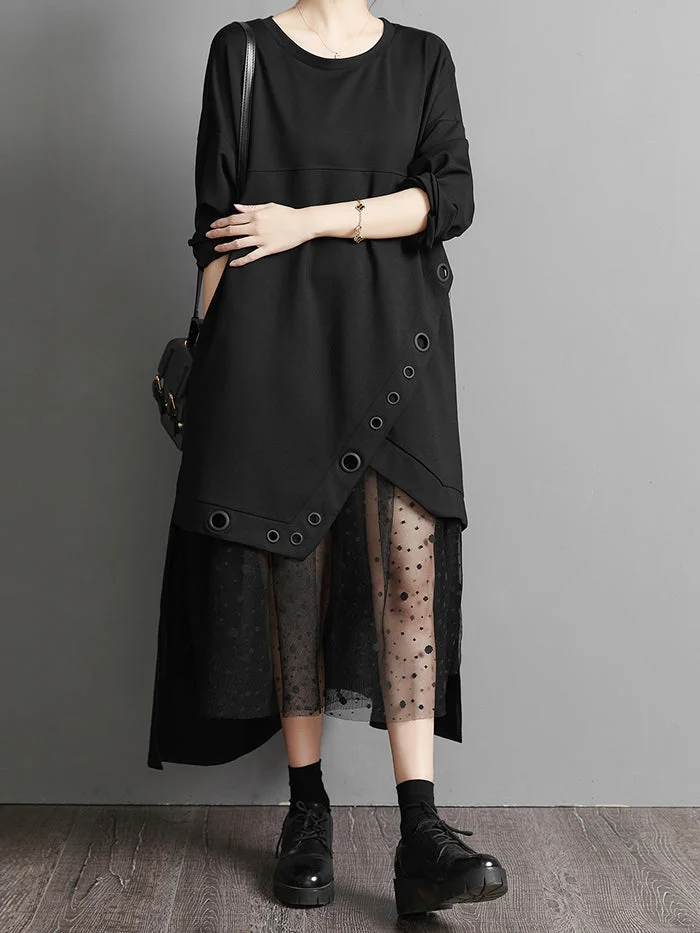 Black Paneled Mesh Pullover Dress