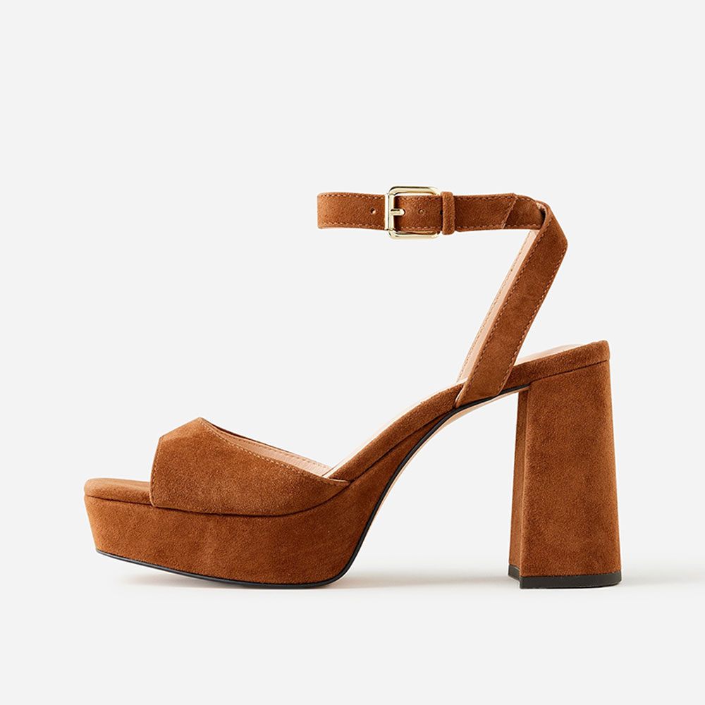 Brown Vegan Suede Buckle Fastening Ankle Strap Platform Sandals   Nicepairs