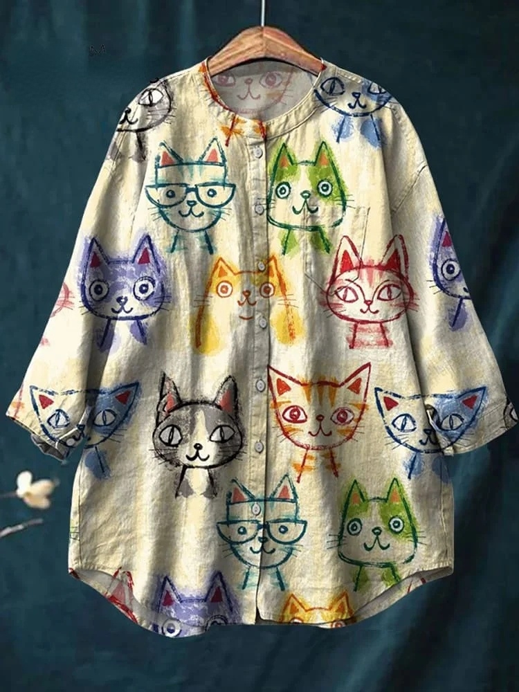 Women's Cute Cat Print Casual Cotton And Linen Shirt