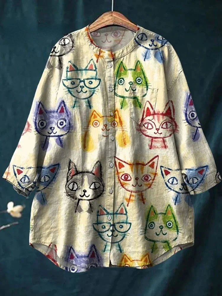 Women's Cute Cat Print Casual Cotton And Linen Shirt