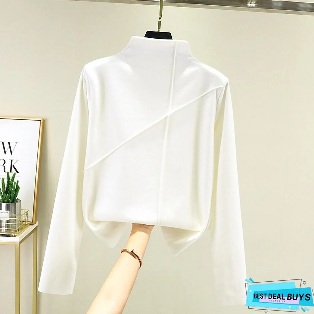 Women's T shirt Tee Light Pink dark brown A Plain Long Sleeve Daily Basic High Neck Regular Fleece lined XXL (recommended 140-160 catties)