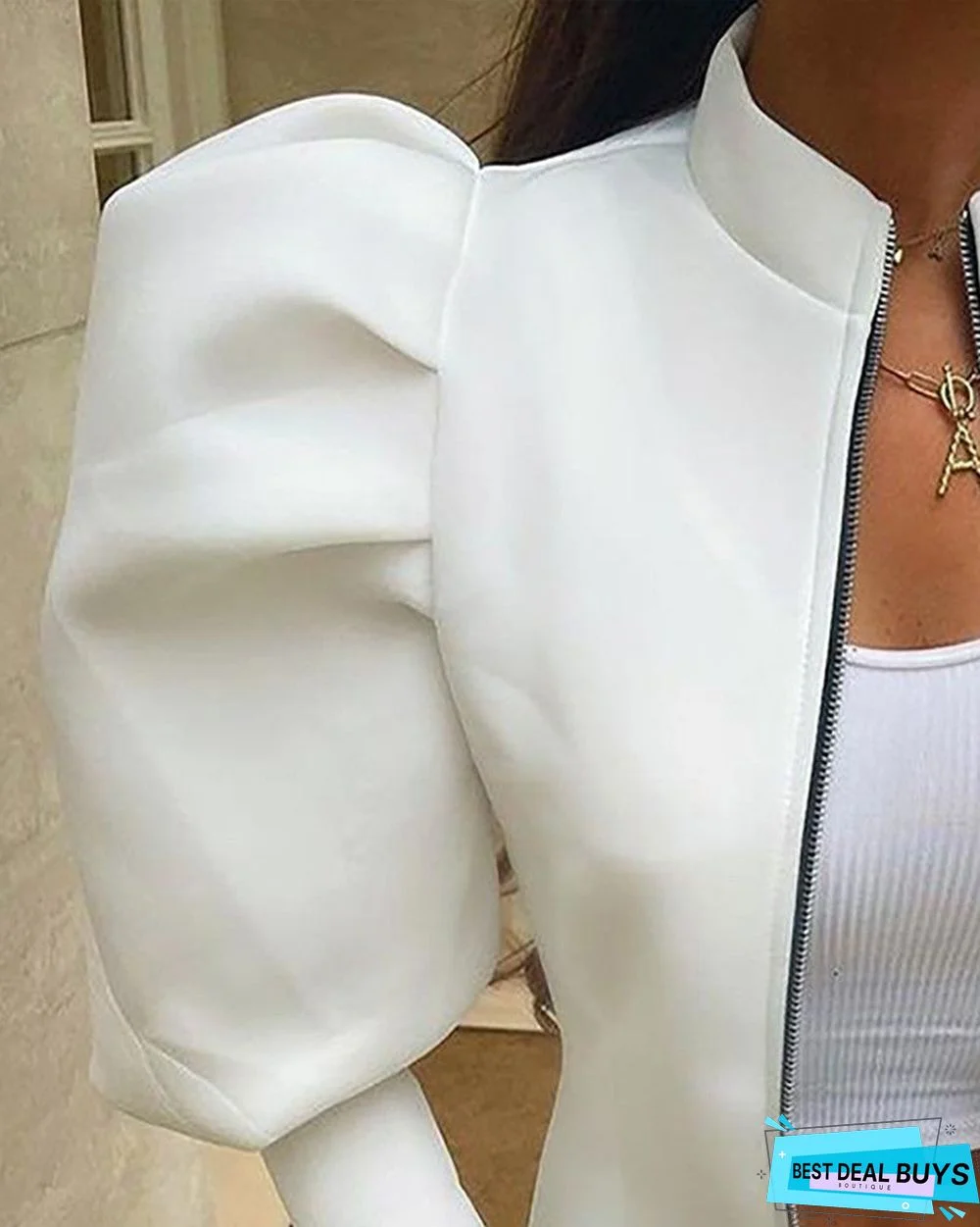 Puff Gigot Sleeve Zip Front Crop Coat