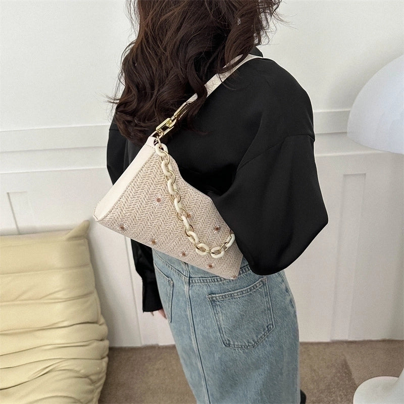 Women’s Medium Spring&summer Pu Leather Straw Streetwear Underarm Bag